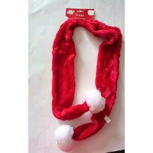 Christmas Plush Scarf  with Jingle Bells Pom Poms Red White 46.5" Long Santa